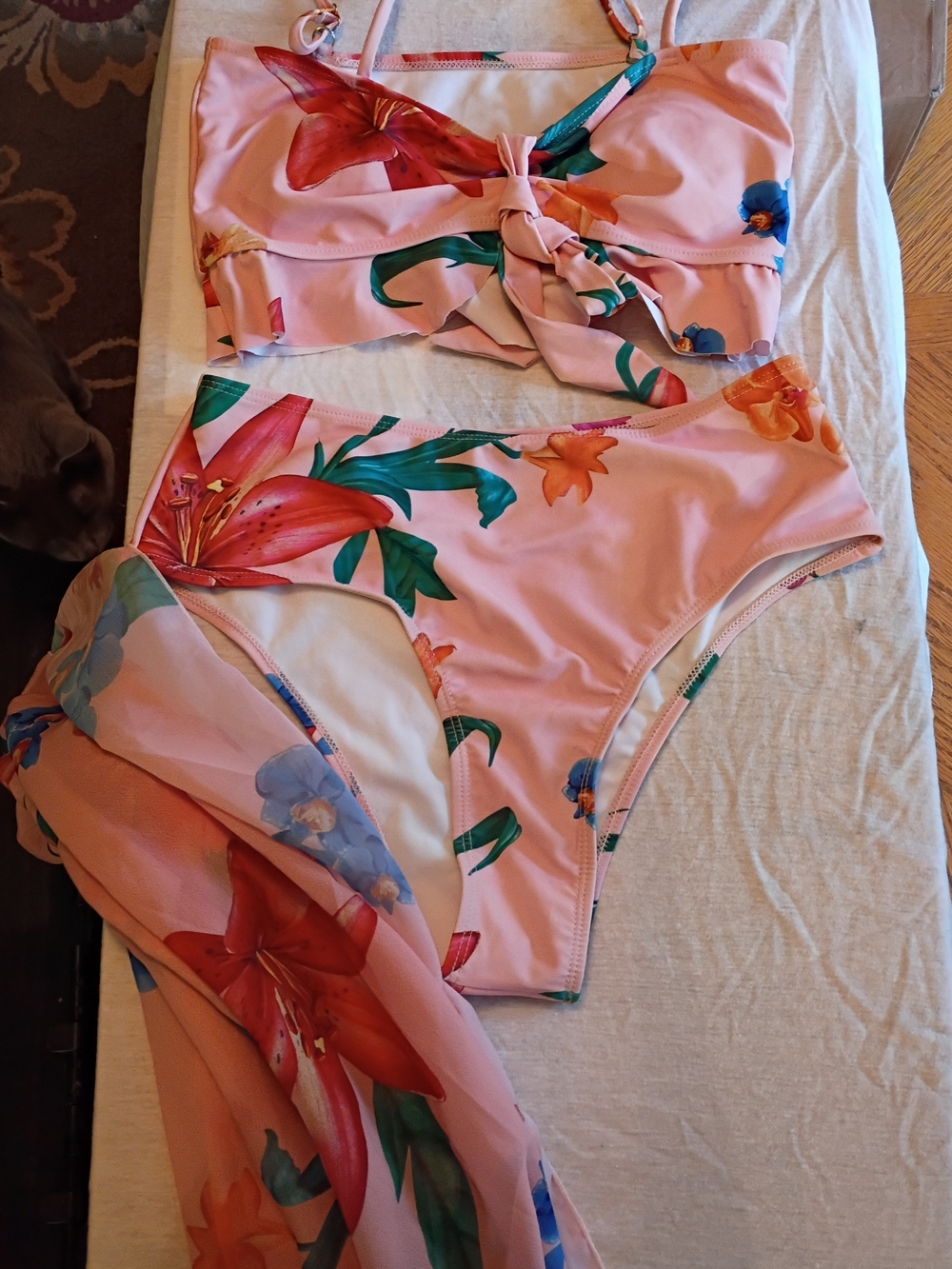Small Pink Floral 3 Piece Swimsuit with Tie Front